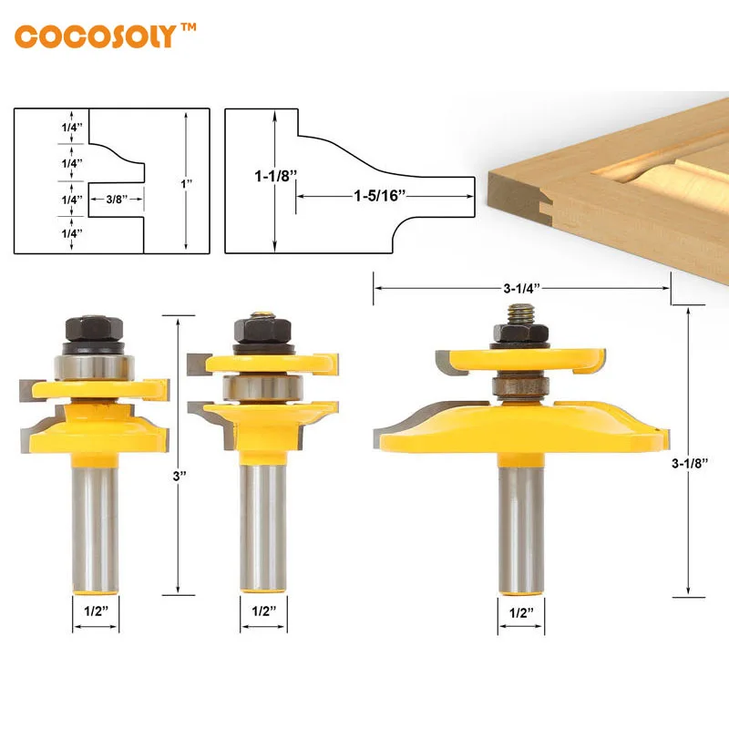 

DIY Woodworking Tools 3 Bit Raised Panel Cabinet Door Router Bit Set- Bevel- 1/2" Shank