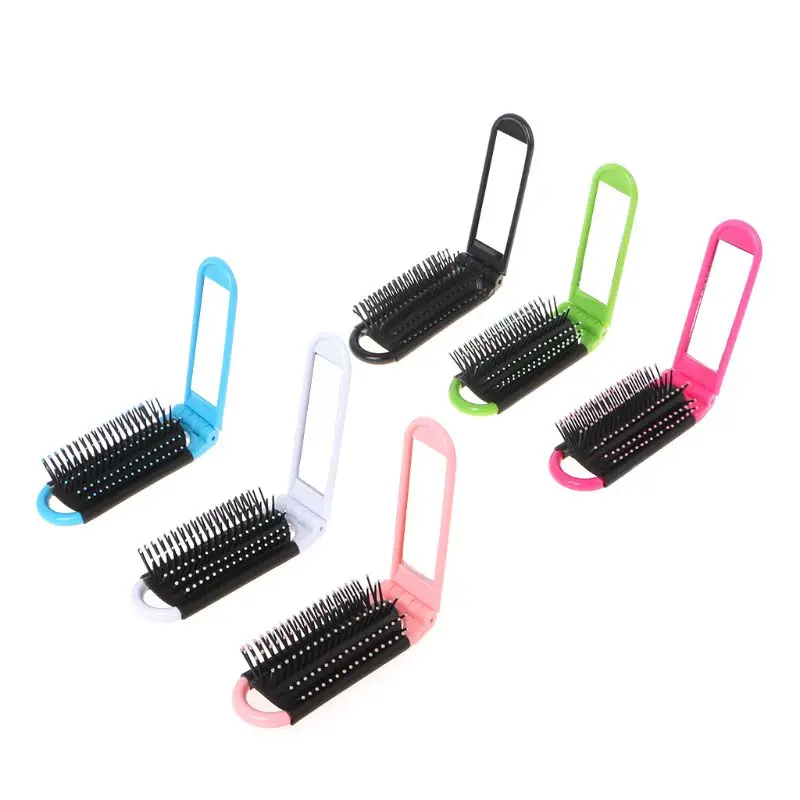 

Mini Folding Mirror Detangler Hair Brush Detangling Pocket Comb for Adults & Kids Random Color