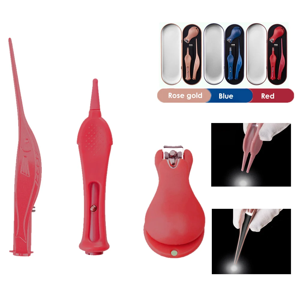 

3Pcs/set LED Ear Wax Removal Stainless Steel Nose Ear Cleaner Tweezers Nail Clipper Set Baby Adults Cleaning Tools