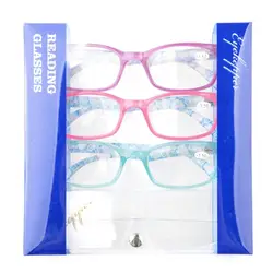 3PKR029 очки для чтения 3 шт. в упаковке с фиолетовым, розовым, синим стилем, с прозрачным видением, удобные весенние дужки, включая ткань для