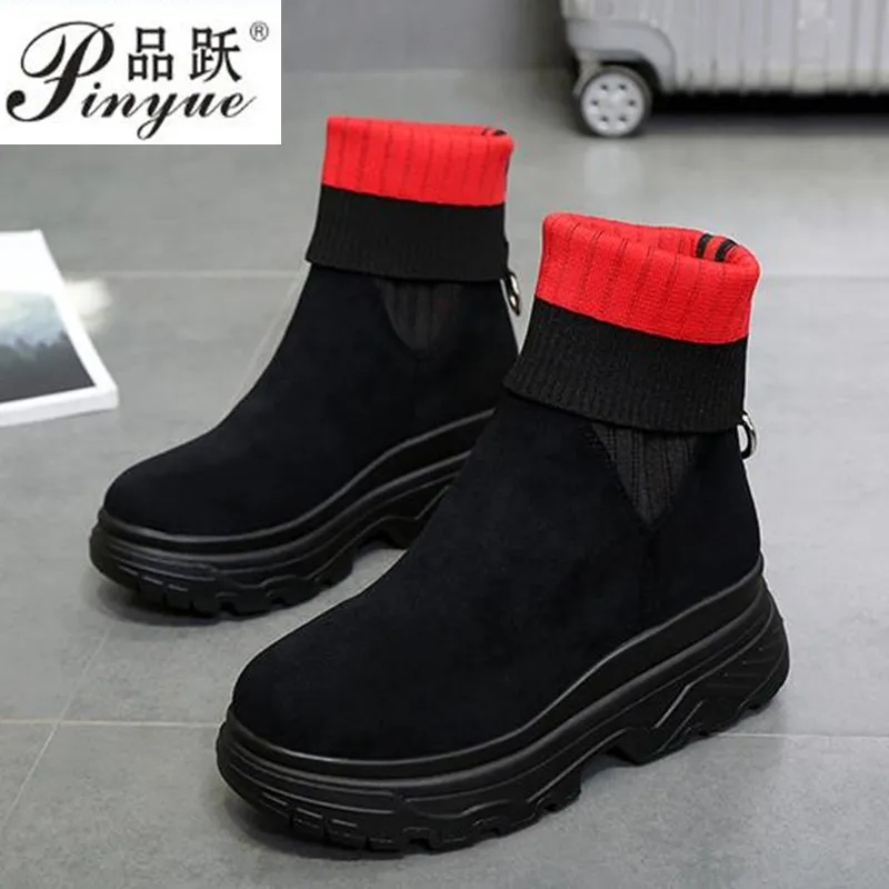 

Sock Boots Woman Hided Wedge Platform Female Casual Shoes 2018 Autumn New Wedge Lady Knitting Short Ankle Boots Platform
