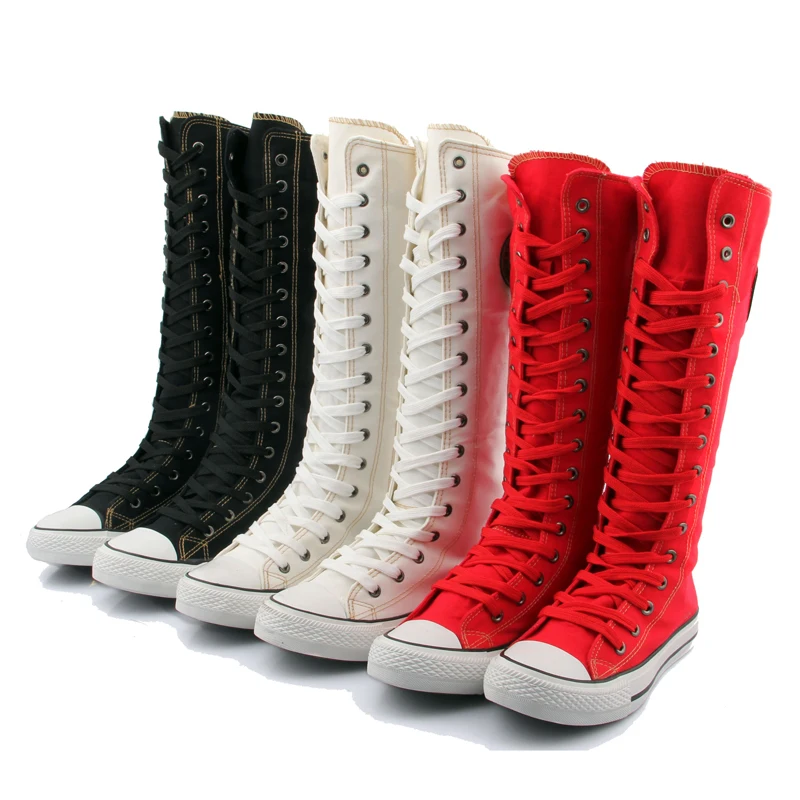 

Women Boots Canvas Lace Up With Zipper Knee High Hip Hop Flats Casual Shoes Women Tall Punk White/Red Autumn Boots 7h38