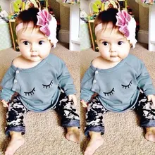 Одежда для новорожденных и маленьких девочек от 0 до 24 месяцев Милая хлопковая футболка с длинными рукавами и рисунком ресниц, штаны комплект из 2 предметов комплект одежды для детей