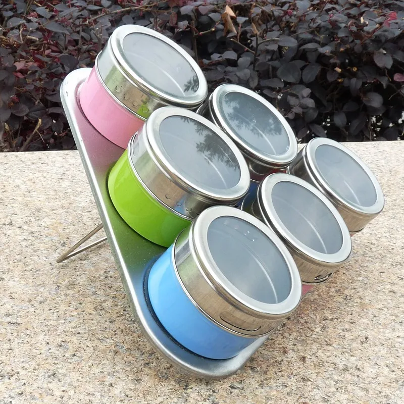 

6 pcs Spice Jar Set Magnetic Multicolor Stainless Steel Spice Jars With Rack Set Steel Pepper Shakers Seasoning Sprays