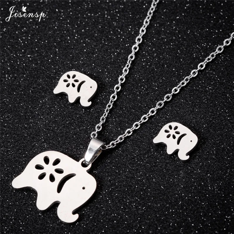 

Jisensp Fashion Cute Elephant Pendant Necklace Stainless Steel Jewelry Animal Stud Earrings for Women Mother's Day Gift Collares