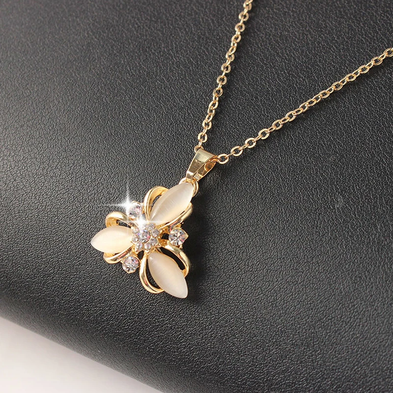 Flower Pendant With Opal Rhinestones Necklace Earrings Hollow Out Cat