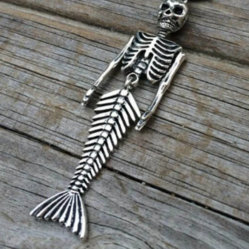 Gothic Horror Halloween Skeleton Mermaid Pendant Necklace Unisex Jewelry Gift W8 