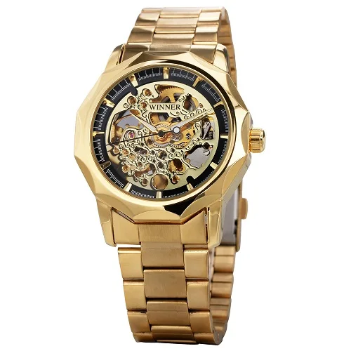 

Gold Skeleton Watch Top Brand Luxury WINNER Automatic Mechanical Men's Watches Punk Steel Bracelet Fashion Wristwatch