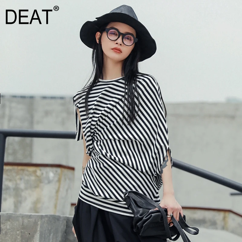 

[DEAT] 2019 New Spring Summer Round Neck Short Sleeve Black Striped Split Joint Irregular Personality T-shirt Women Fashion JU43