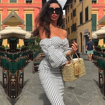 

Sexy Strapless Three Quarter Dress 2018 New Arrival Fashion Off Shoulder Striped Lantern Sleeve Bodycon Party Dresses Vestidos