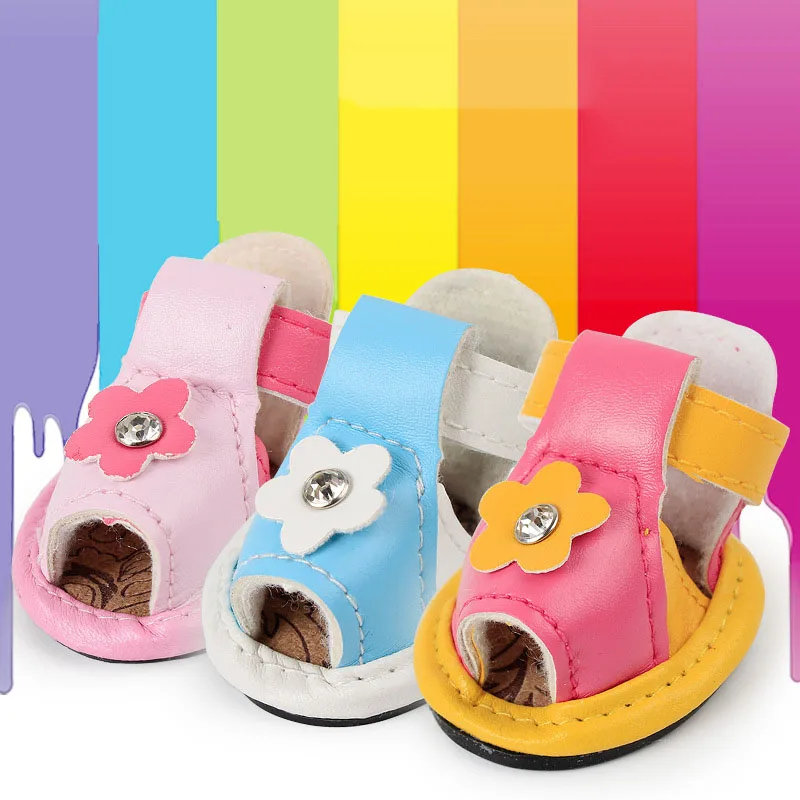 4pcs Fashion PU Leather Pet Dog Boots Cute Rhinestone Flower Pet Cat