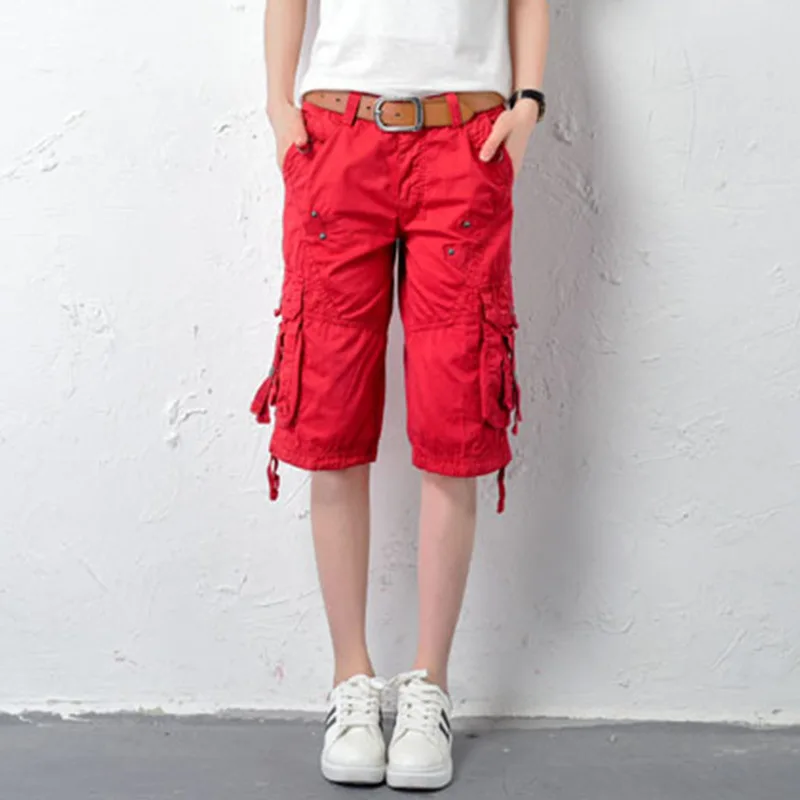 Уличные Большие размеры камуфляжные карго шорты для женщин Пешие прогулки Спорт мульти карман свободные прямые мешковатые шорты военные короткие брюки - Цвет: 1361 Red