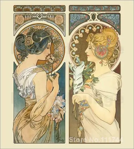 Размножение искусства на холсте Schlusselblume und Feder Alphonse Mucha Живопись Ручная роспись