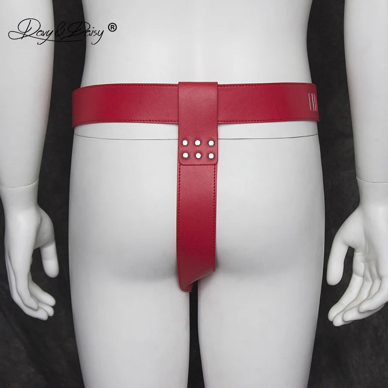 DAVYDAISY Men Chastity Belt Lock Latex Panties PU Leather Gay Fetish Thongs Sexy Lingerie Exotic Briefs Male Underwear UN532