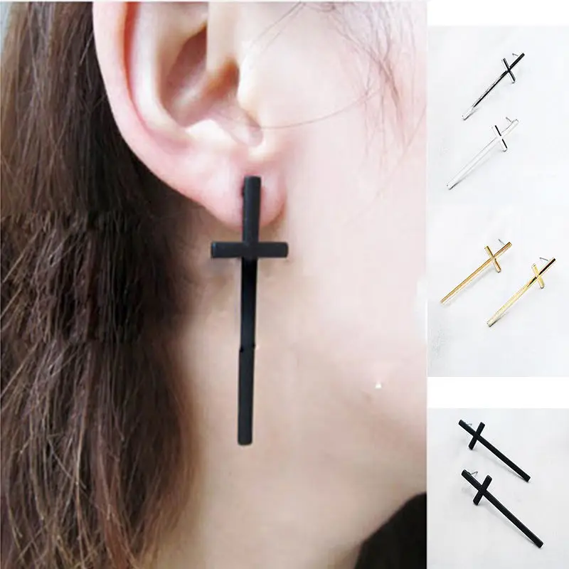 

1 pair Fashion Punk Vintage Retro Temperament Religious long Cross Ear Studs Couple Earrings simple style jewelry