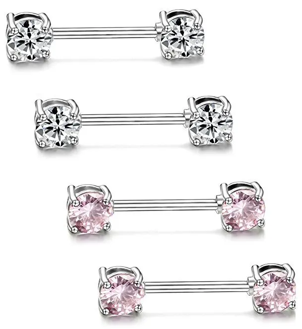 2Pcs Choice High Quality Zircon Dangle Nipple Piercing Shields Bars 14G 316L Surgical Steel