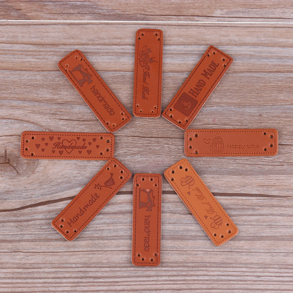 

10pcs Newest Brown PU Leather Handmade Garment Embroidered Square Labels Diy Jeans Jacket Cloth Craft Apparel Accessories