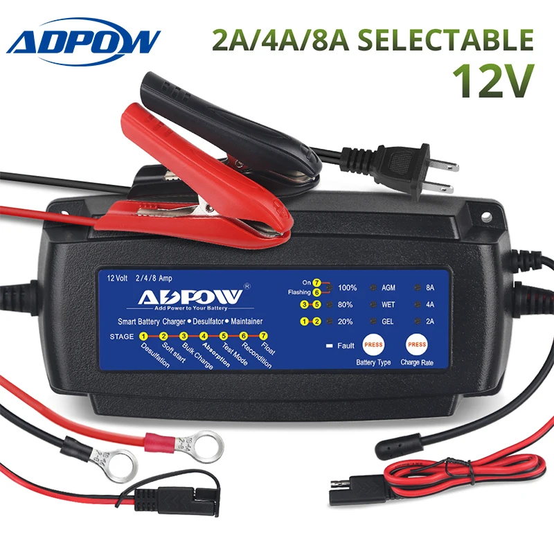 

ADPOW 2A 4A 8A 12V Car Motorcycle Battery Charger For Agm Gel Wet 7 Stages 6-160Ah Truck Boat Auto Batteries Charging Maintainer