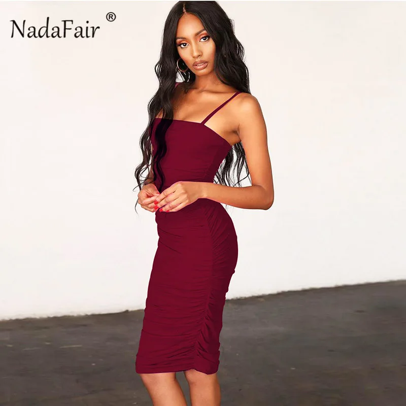 

Nadafair ruched midi bodycon dress women spaghetti strap sexy club party dress 2019 new sleeveless backless slim summer dress