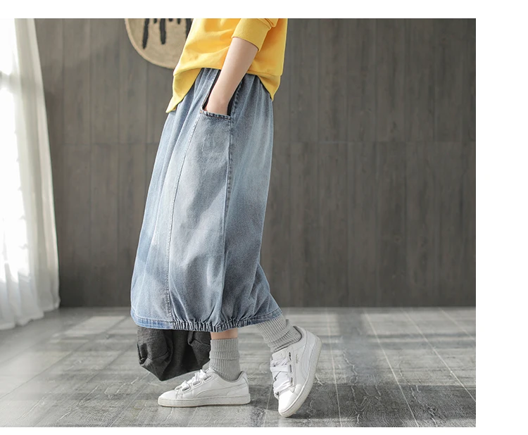 Spring Autumn Skirt Fashion Women Large size Denim skirt New Ladies Elastic Waist pocket Bleached Mori girl Casual Loose skirt