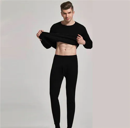 Кальсоны толстые теплые мужские комплекты термобелья сохраняющие тепло для мужчин рубашка+ штаны шерсть флис зимняя одежда размера Плюс XXXL 4XL - Цвет: Черный