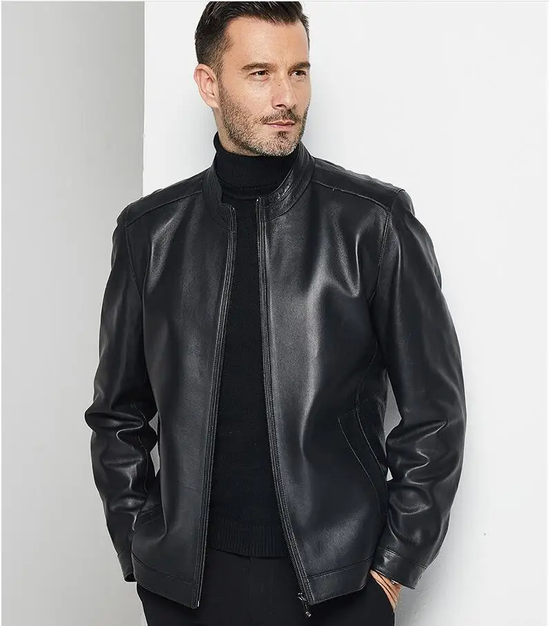 Новая байкерская куртка из овечьей кожи для мужчин среднего возраста, весенне-осеннее пальто из натуральной кожи, модная одежда для пап, черный, кофейный
