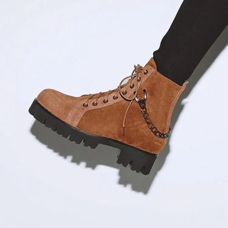 

New Black Brown Suede Winter Boots Women Round Toe MIddle Chunky Heel Lady Marton Botas Back With Metal Chain Cross Tied Shoes