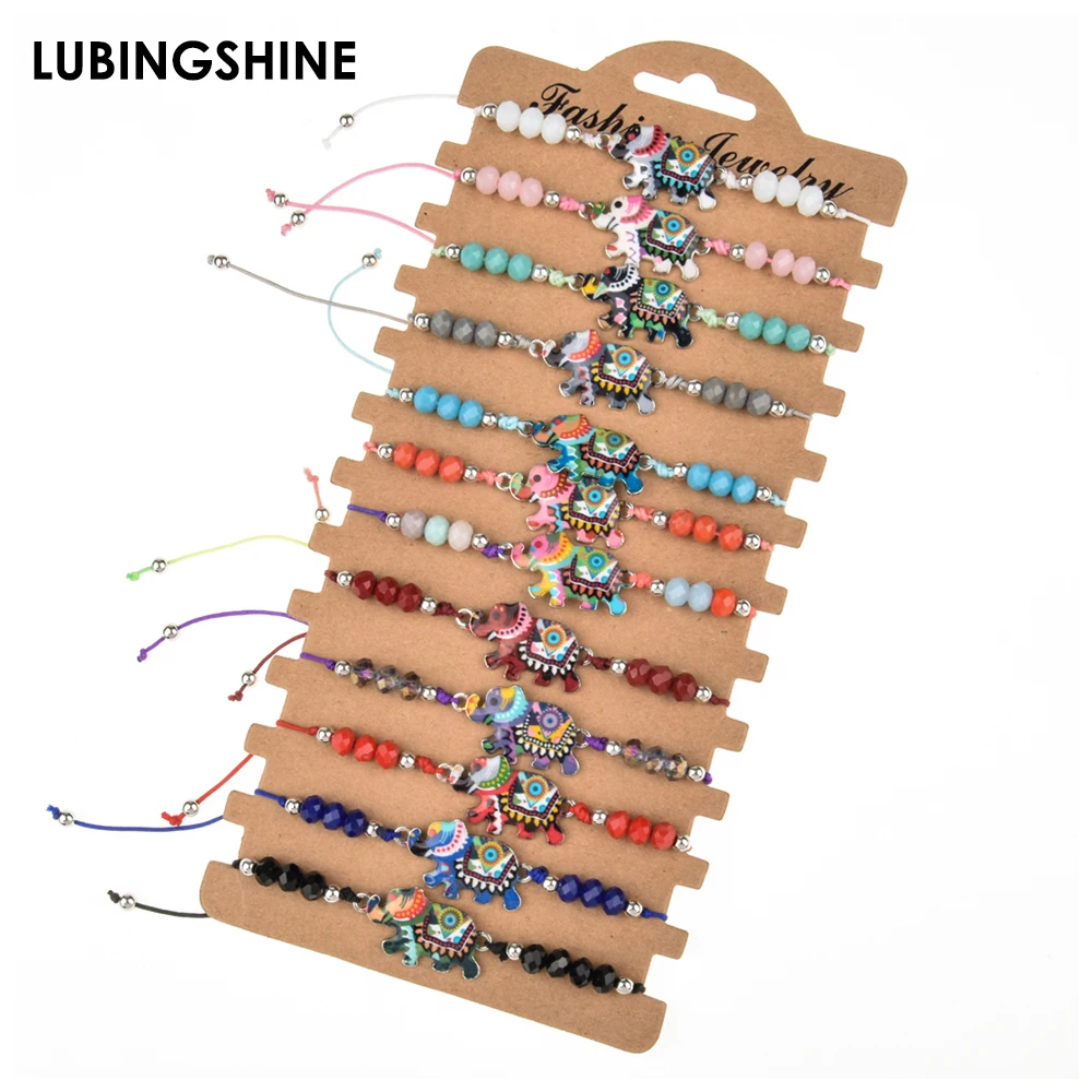 

12pcs/Set Handmade Braid Rope Chain Bracelet Set Enamel Elephant Charms Crystal Beads Bracelets for Women Ethnic Jewelry