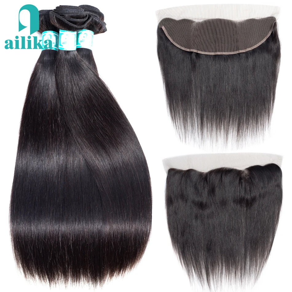 

AILIKA Hair Malaysian Straight Bundles With Frontal Human Hair Bundles With Frontal 3 Bundles with Frontal 13*4 Non Remy