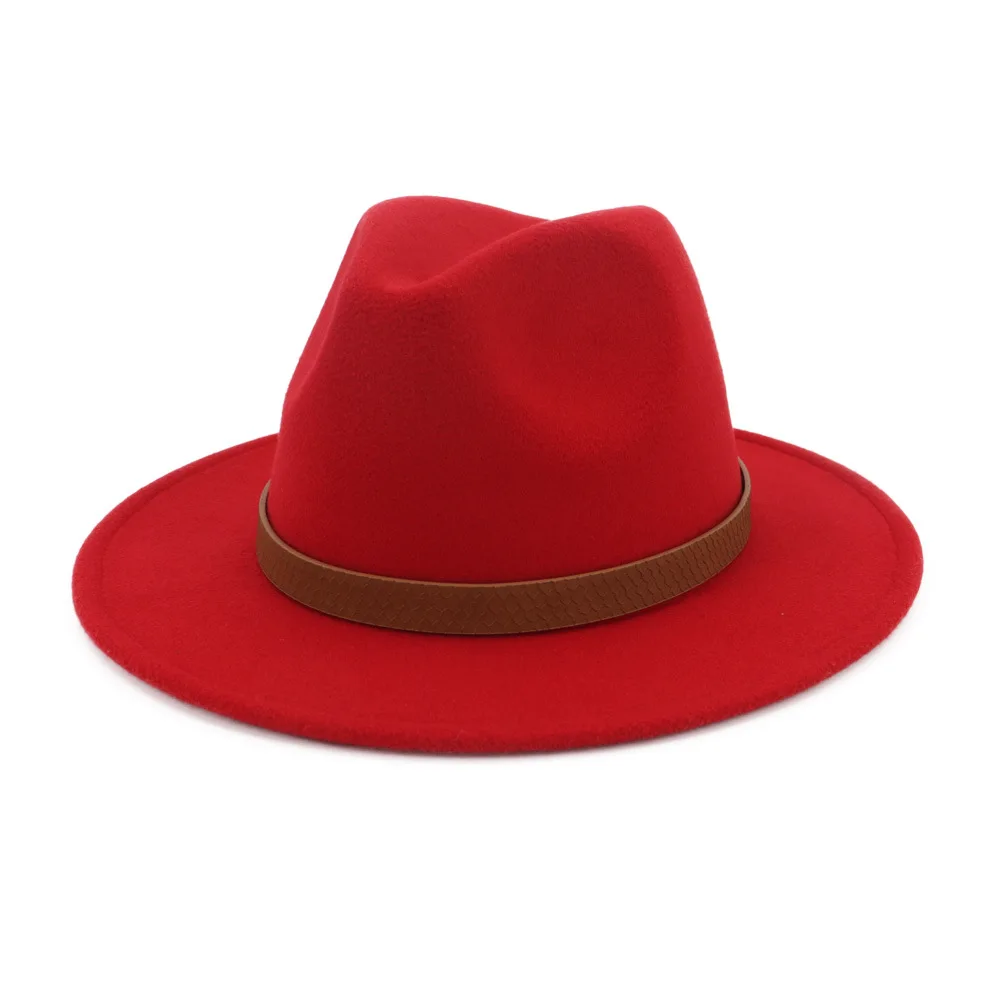 Шерстяная фетровая шляпа Панама Джаз Fedoras Шляпы с поясом украшения плоские полями формальная Вечеринка и сцена топ шляпа для женщин мужчин унисекс - Цвет: Red