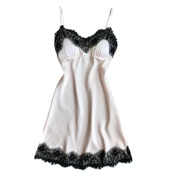 

V-neck Summer Lace Patchwork Nightgowns Sleepwear Dress For Women Women Sexy Silk Satin Night Gown Sleeveless Nightdress