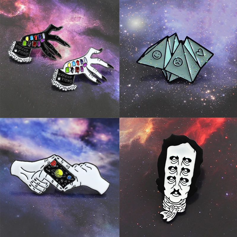 

GDHY Cartoon"MAKE UP FIEND"Black White Gesture Hand Photography Camera Origami Edgar Allan Pin Brooch Punk Shirt Badge Jewelry