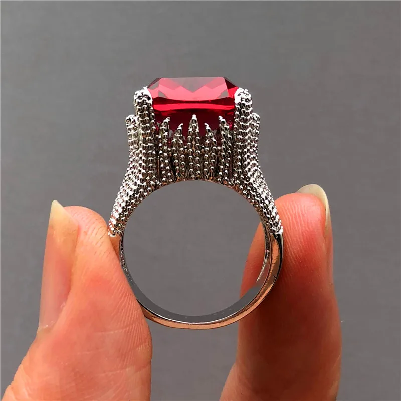

Luxury Female Big Red Stone Ring Vintage 925 Silver Geometric Finger Ring Promise Wedding Engagement Rings For Women