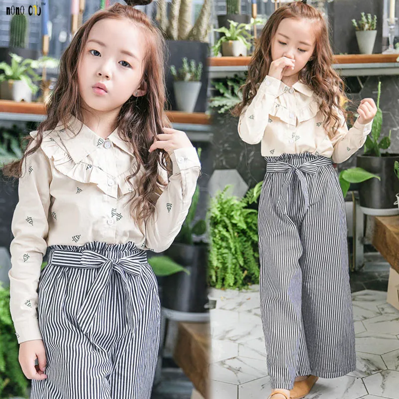 

Autumn Girl Clothes Set Shirt & Wide Leg Pants Striped Print Pure Cotton Casual Kids Outfit Child Clothing 4 5 6 7 8 9 Years
