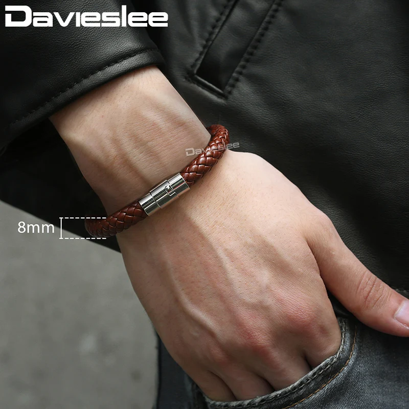 Davieslee Bracelets for Men Black Brown Braided Cord Rope Stainless Steel Clasp Man-made Leather Mens Bracelet 4/6/8mm LLBM118A - Image 6