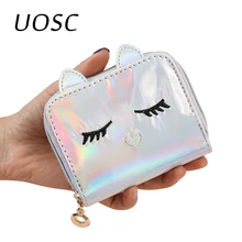 UOSC موضة بولي Leather جلد الليزر الهولوغرام لطيف محافظ للنساء الفتيات محفظة للعملة الكرتون القط الوجه حامل صغير(China)