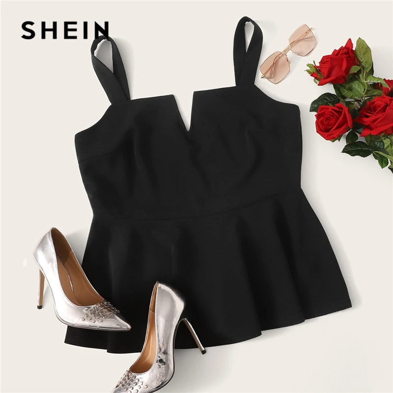 SHEIN زائد حجم أسود V-قطع الرقبة Peplum أعلى النساء 2019 الصيف أنيقة كشكش تنحنح سترة بروتيل مثير الصلبة كاميس قمم سترة