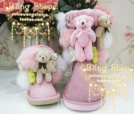 

Parent-child three-dimensional plush bear pink genuine leather snow boots rabbit fur ball gem princess snow boots