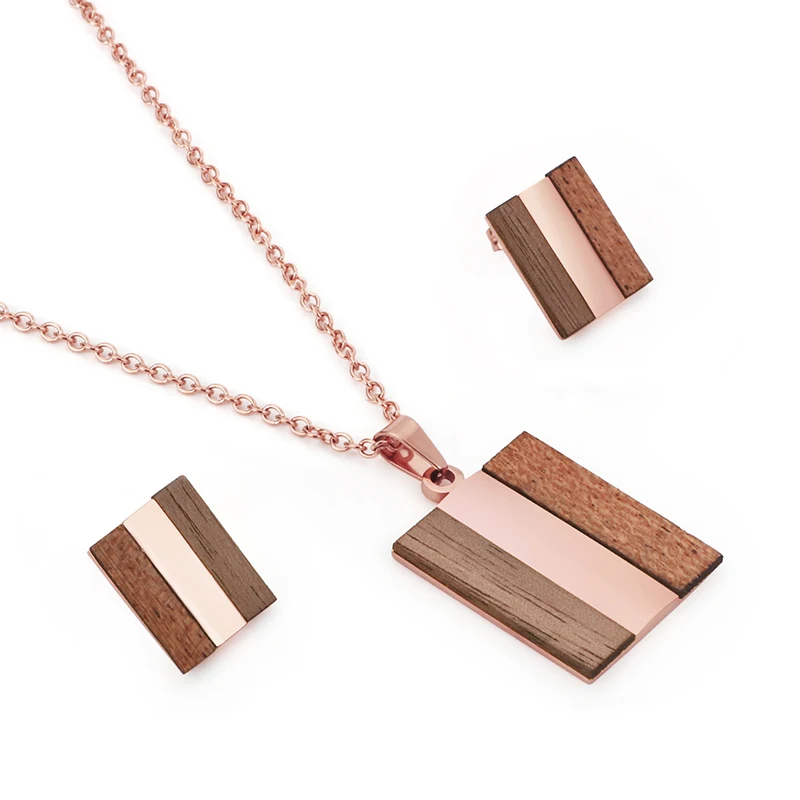 

Wood Strip Pendant Necklace And Earring Set For Women Ladies Rose Gold Luxury Jewelry Sets