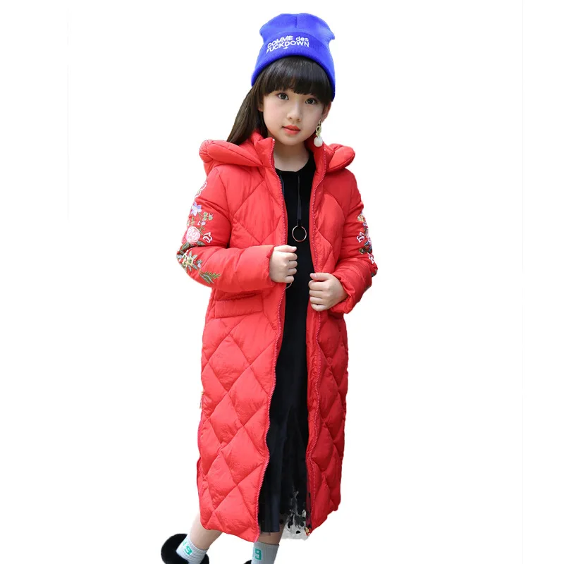 

-30 Degree Girls Russian Winter Long Thickened Warm Cotton Outerwear Children Hooded Windbreakers Kids Embroidered Jackets