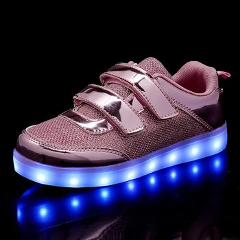 

Fashion Bright Solid USB Led Light Up Kid Shoes Breathable Hook &Loop Children Charging Luminous Sneakers For Girl And Boy 25-37