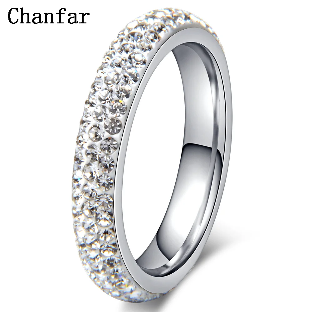 Chanfar полный размер прозрачный кристалл Нержавеющая Сталь Обручальные кольца для женщин Девушка Вечерние ювелирные изделия подарок