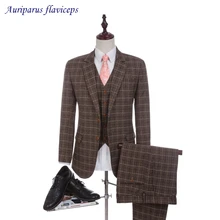 Изготовленный на заказ шерстяной клетчатый мужской костюм в клетку с короной, приталенный свадебный костюм для мужского костюма, смокинги для жениха(пиджак+ брюки+ жилет