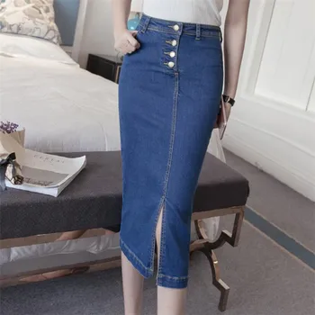 

High waist Denim skirt 2019 summer new Korean women Single-breasted Split ends jeans skirt casual Mid skirts womens w542