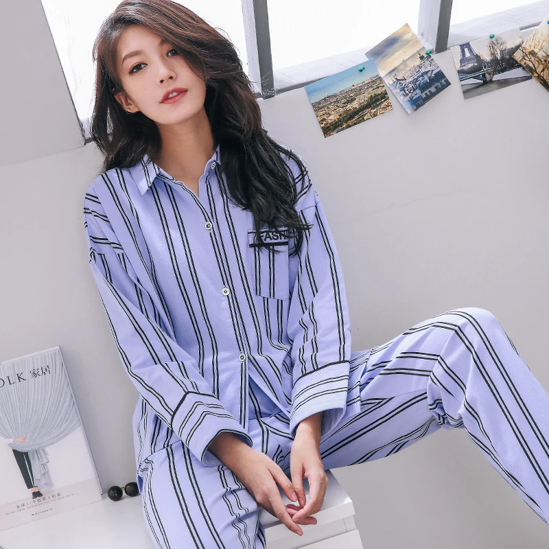 Spring and Autumn 100 Cotton XXL Pyjamas Women Stripe Pajama Sets