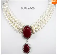 Nobility jewelry Silver 3 rows white pearl red jade Necklace Wonderful Nobility Fine Wedding Jewelry Lucky Women’s