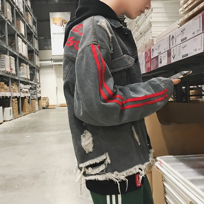 

Fashion Casual Men's Denim Jacket Spring And Autumn New M-XL Hole Loose Coat Jacket Blue Gray Personality Youth Popular