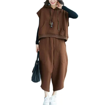 

Autumn Winter New plus velvet Suit Women Hooded Sweater Harlan+wide leg cropped trousers Two suits Womens Fashion Casual Sets 16