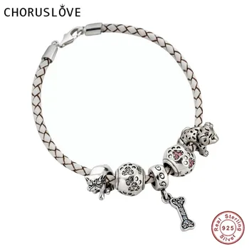 

Choruslove White Braided Leather Bracelet with My Pet Dogs and Paw Print Charms Beads 925 Silver Lobster Clasp for Gifts SJ2008
