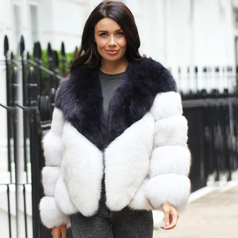 

2019 BFFUR Natrual Fur Fashion Women Clothing Real Fox Fur Coat V Neck Contrasted Color Outfit Warm Winter Female Park With Fur